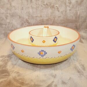 Santa Fe‎ Ceramic Chip and Dip Set Bowls Spoon Made in Portugal Yellow Southwest